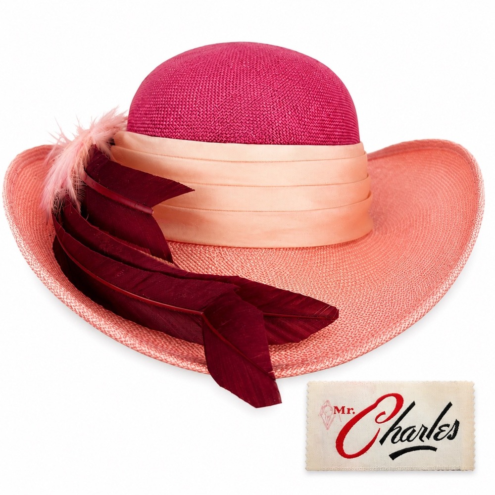 Vintage Mr Charles Pink Straw Sun Hat Feather Flower Wide Brim Church Wedding